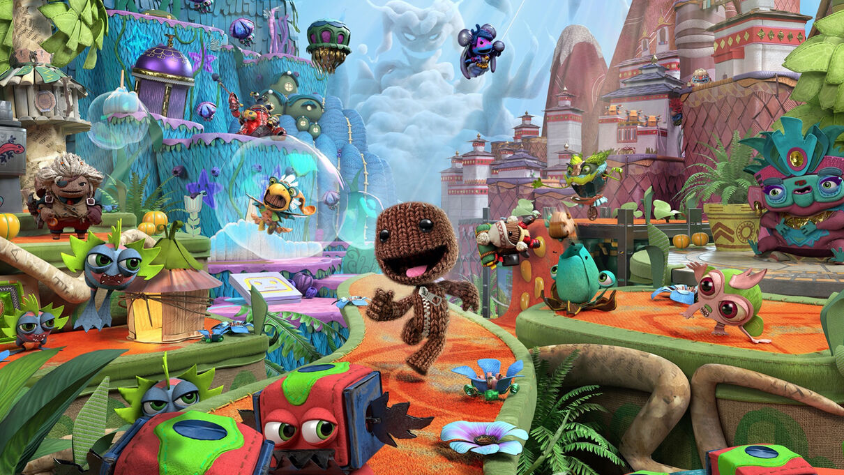 Image de Sackboy dans une scène animée et dynamique. 