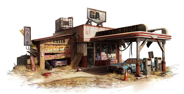2D concept art of an abandoned gas station, with a blue car parked outside by the gas pumps.