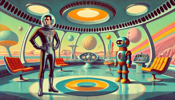 The image depicts a retro-futuristic scene inside a spaceship. A figure in a sleek black spacesuit with a helmet stands in the foreground. Next to them is a colorful robot. 