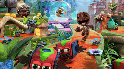 Image de Sackboy dans une scène animée et dynamique. 