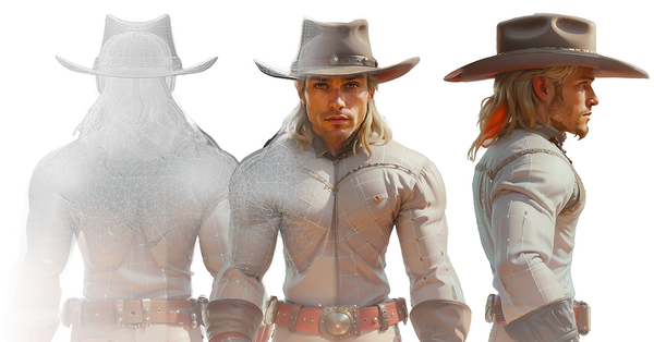 Three-view render of a cowboy character model: wireframe, front, and profile. Figure wears light shirt, wide-brimmed hat, and ornate belt. Blonde hair visible. Demonstrates 3D character design for digital media.