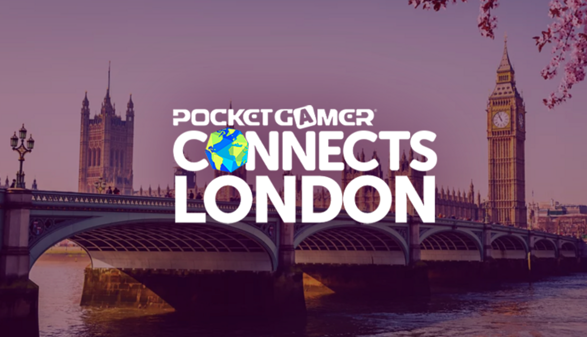 Pocket Gamer Connects London logo overlaying a London landscape
